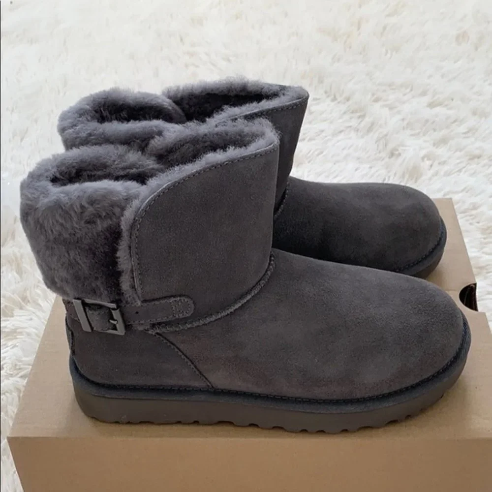 NEW‎ UGG KAREL SUEDE SHEARLING MINI BUCKLE BOOTS
